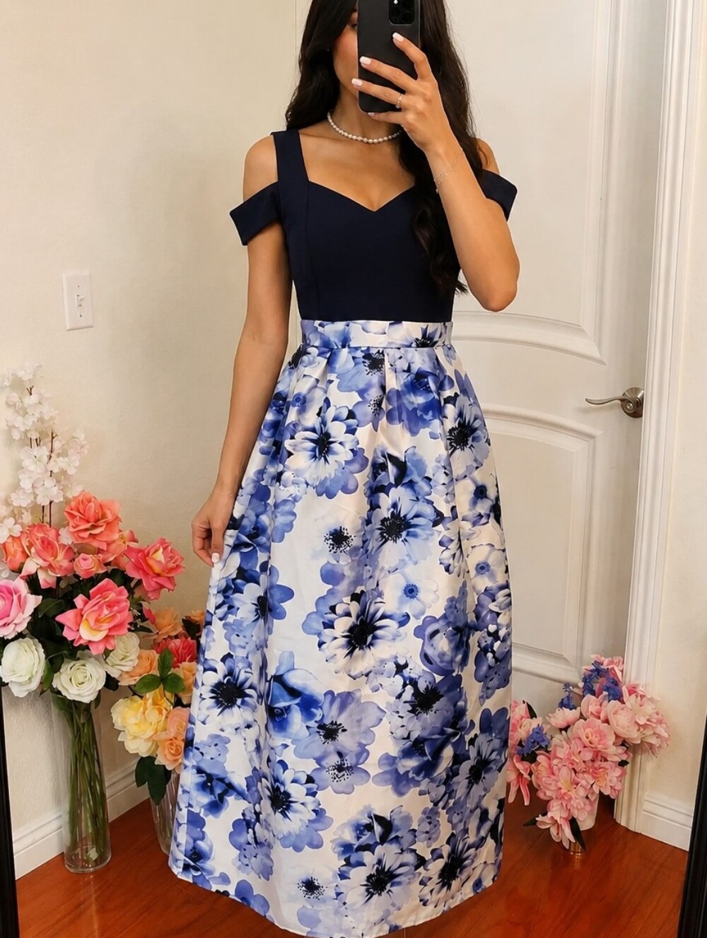 Elegant Navy & White Floral Maxi Dress - Off-Shoulder Bodice